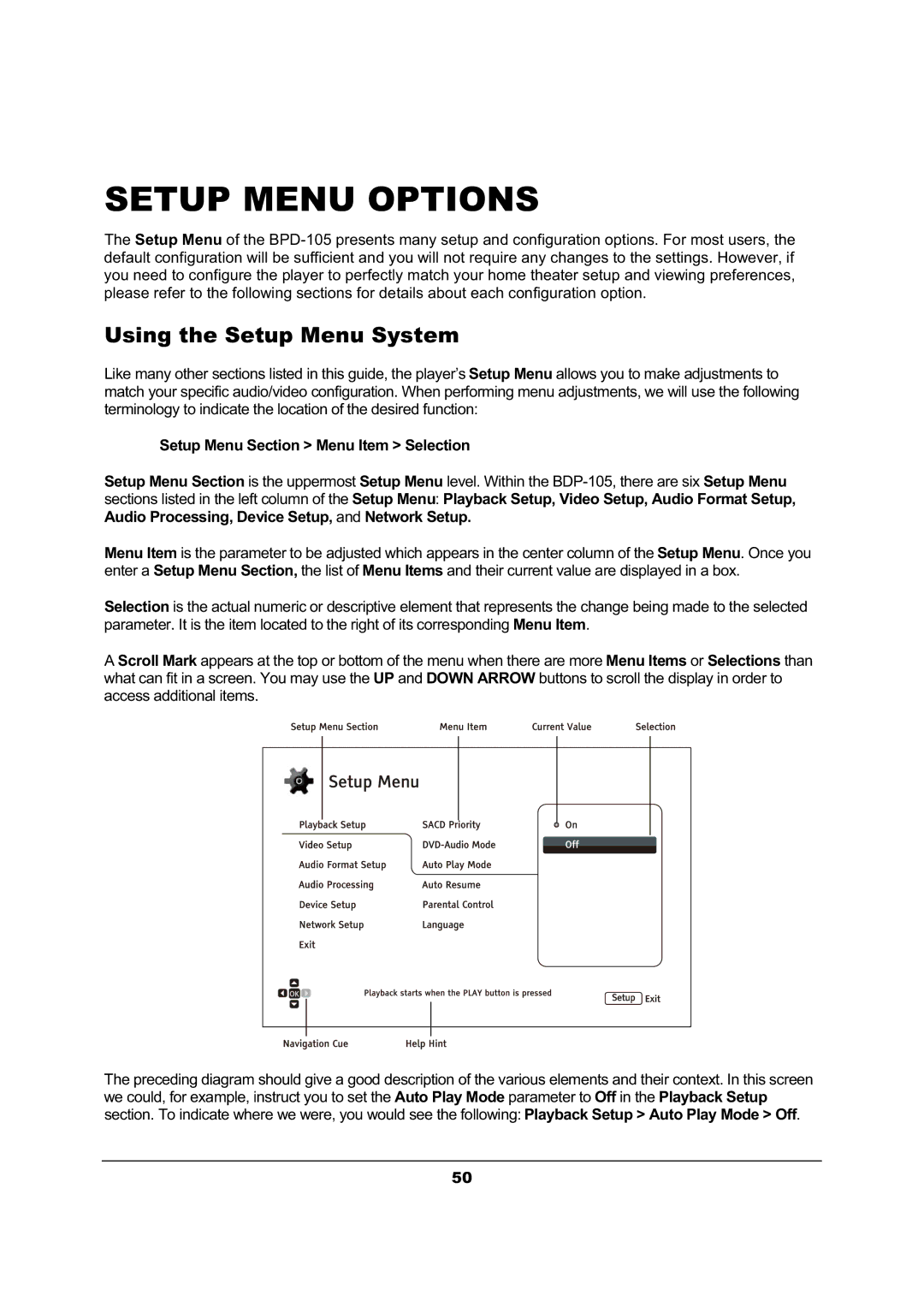 OPPO Digital BDP-105 user manual Setup Menu Options 