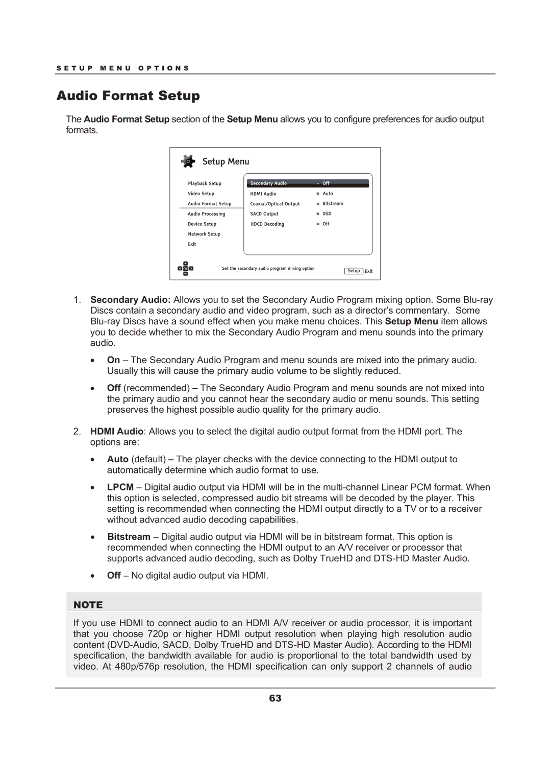 OPPO Digital BDP-105 user manual Audio Format Setup, Off No digital audio output via Hdmi 