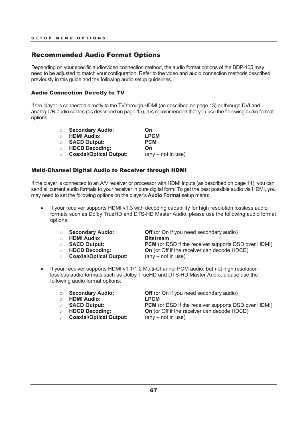 OPPO Digital BDP-105 user manual Recommended Audio Format Options 