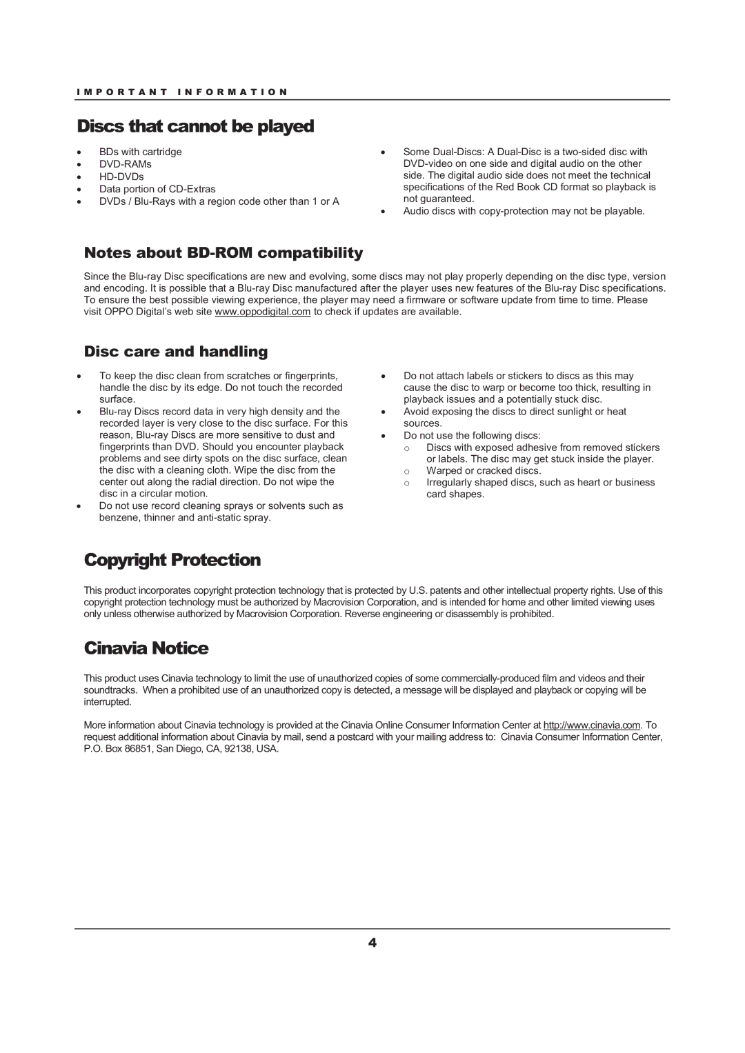 OPPO Digital BDP-105 user manual Discs that cannot be played, Copyright Protection, Cinavia Notice 