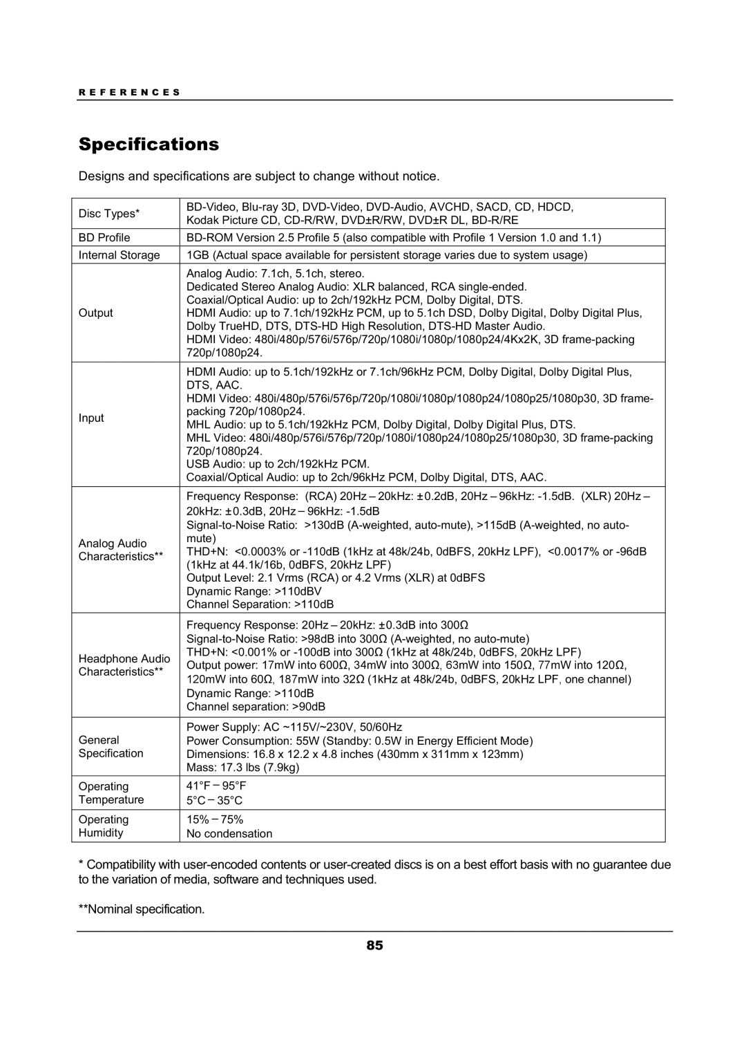 OPPO Digital BDP-105 user manual Specifications, Dts, Aac 