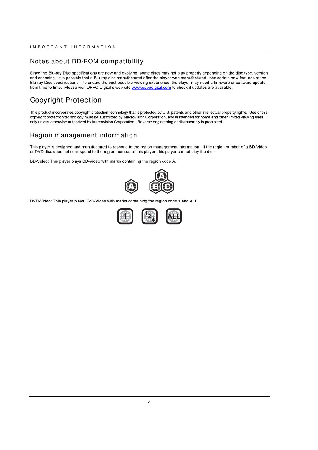 OPPO Digital BDP-93 user manual Copyright Protection, Region management information 