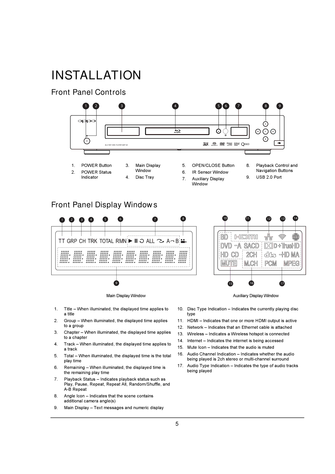 OPPO Digital BDP-93 user manual Front Panel Controls, Front Panel Display Windows 