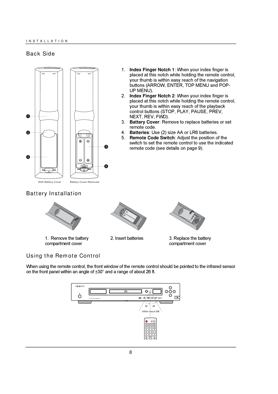 OPPO Digital BDP-93 user manual Back Side, Battery Installation, Using the Remote Control 