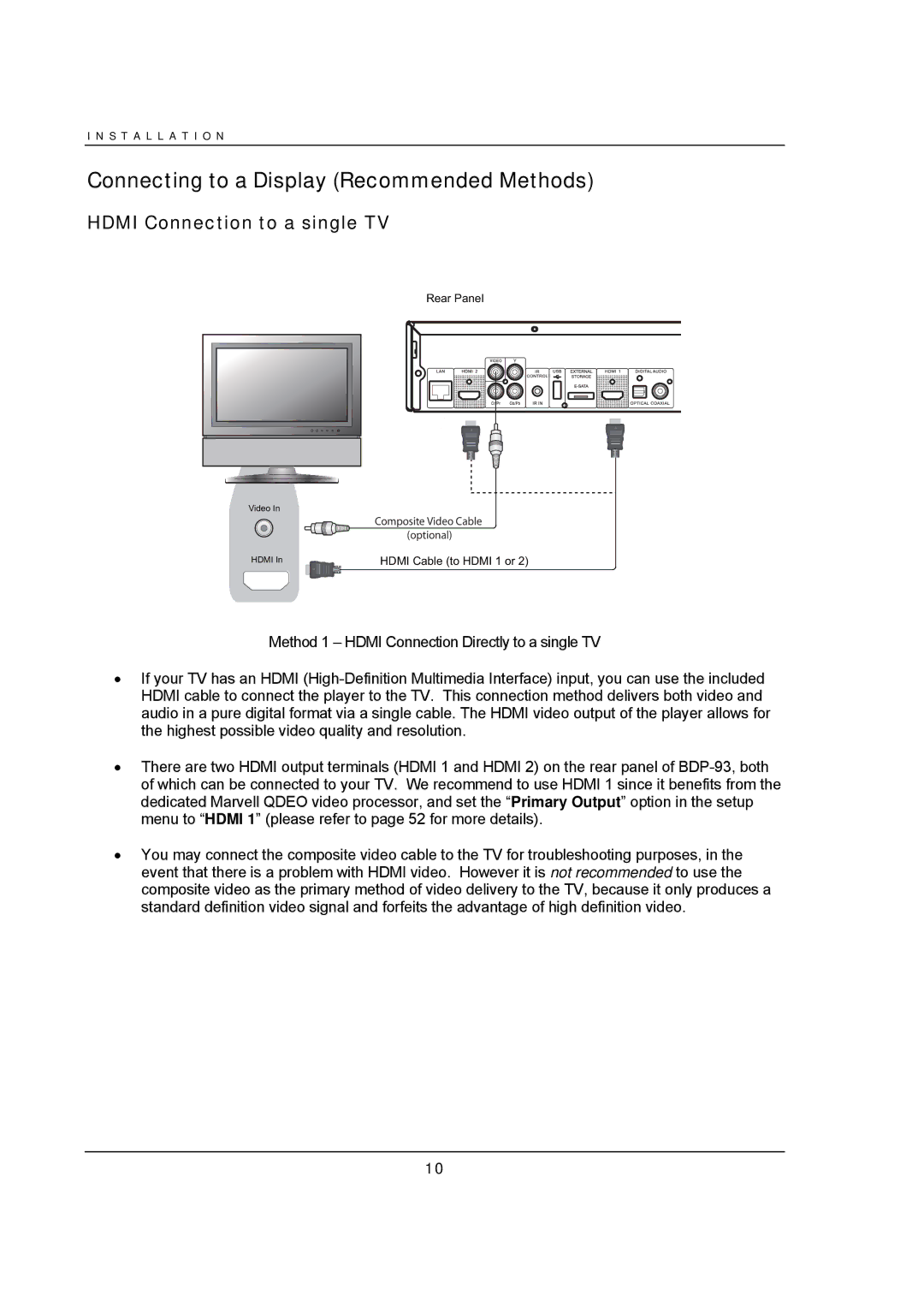 OPPO Digital BDP-93 user manual Connecting to a Display Recommended Methods, Hdmi Connection to a single TV 