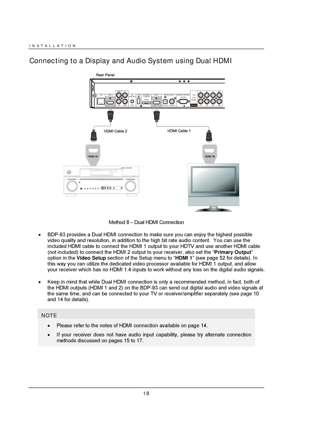 OPPO Digital BDP-93 user manual Connecting to a Display and Audio System using Dual Hdmi 