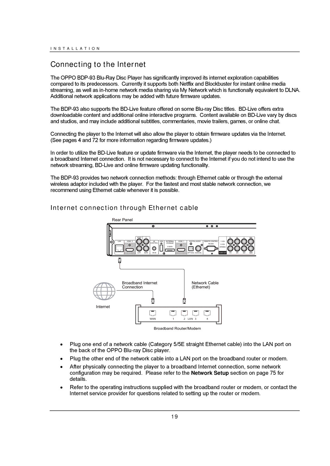 OPPO Digital BDP-93 user manual Connecting to the Internet, Internet connection through Ethernet cable 