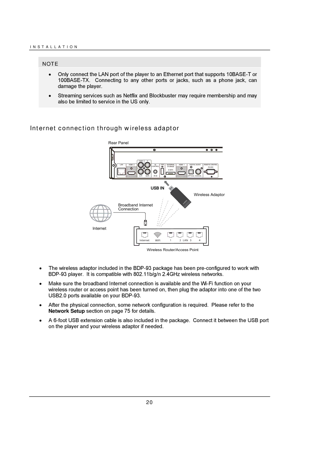 OPPO Digital BDP-93 user manual Internet connection through wireless adaptor, Usb 