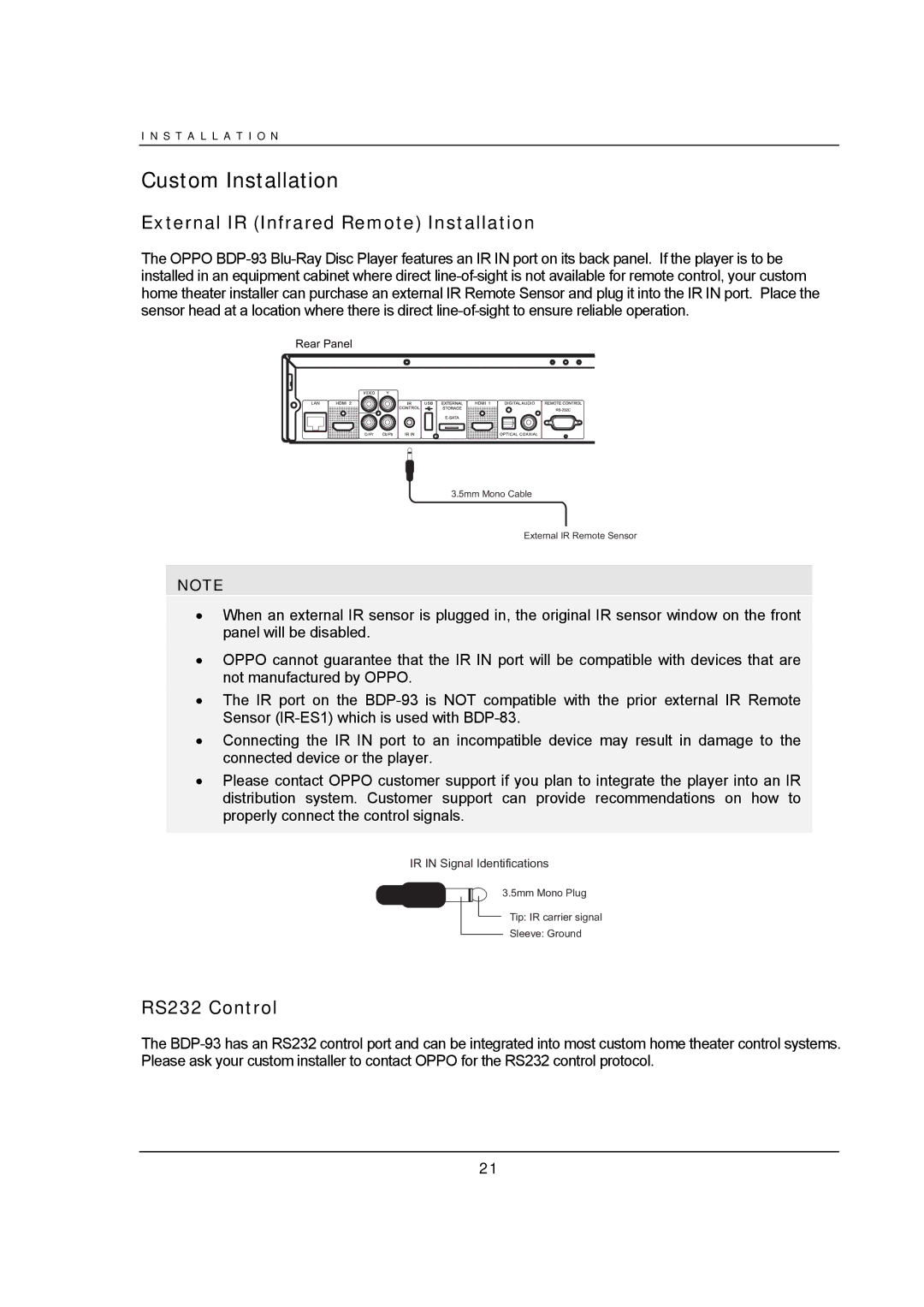 OPPO Digital BDP-93 user manual Custom Installation, External IR Infrared Remote Installation, RS232 Control 