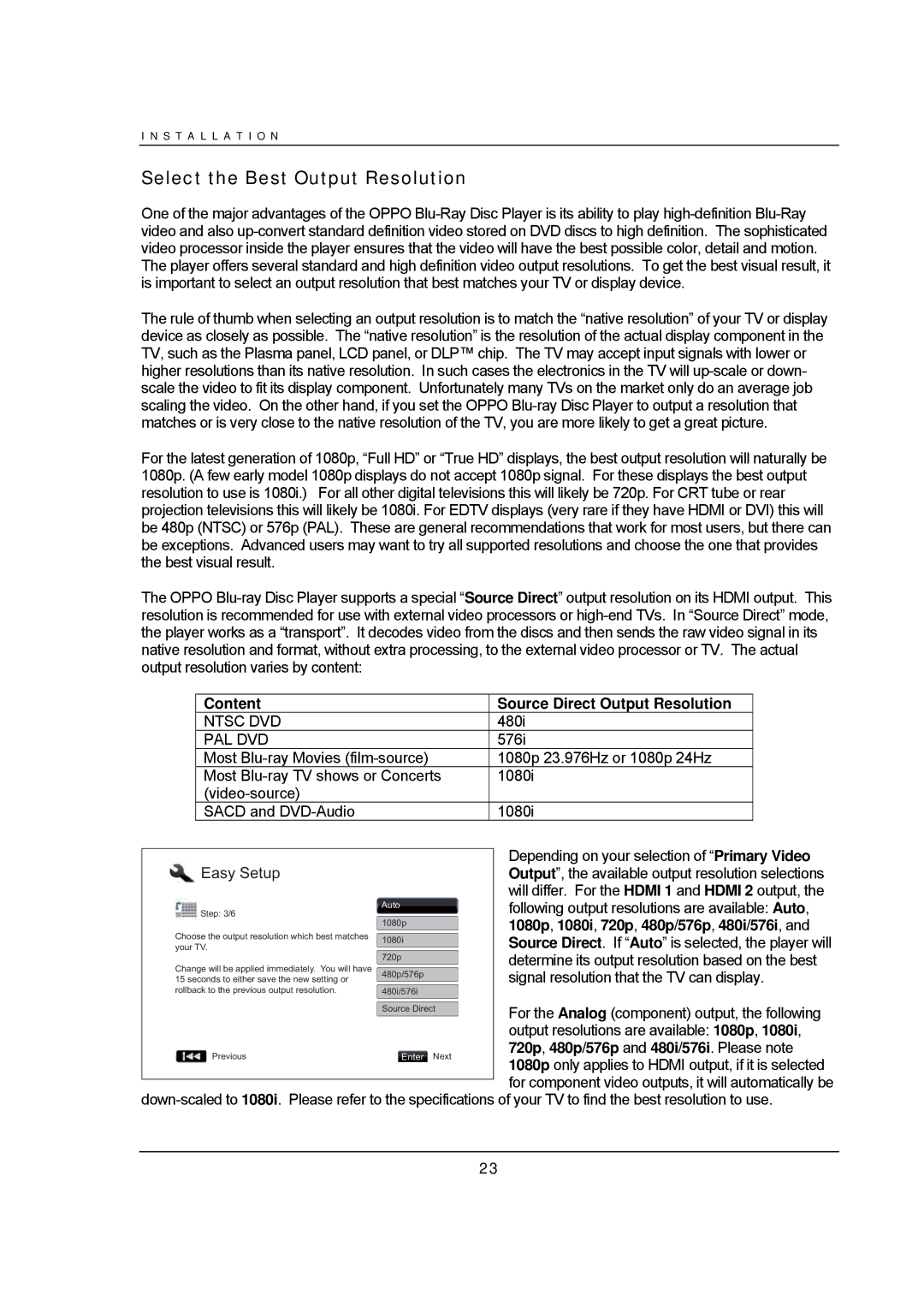 OPPO Digital BDP-93 user manual Select the Best Output Resolution, Content Source Direct Output Resolution 