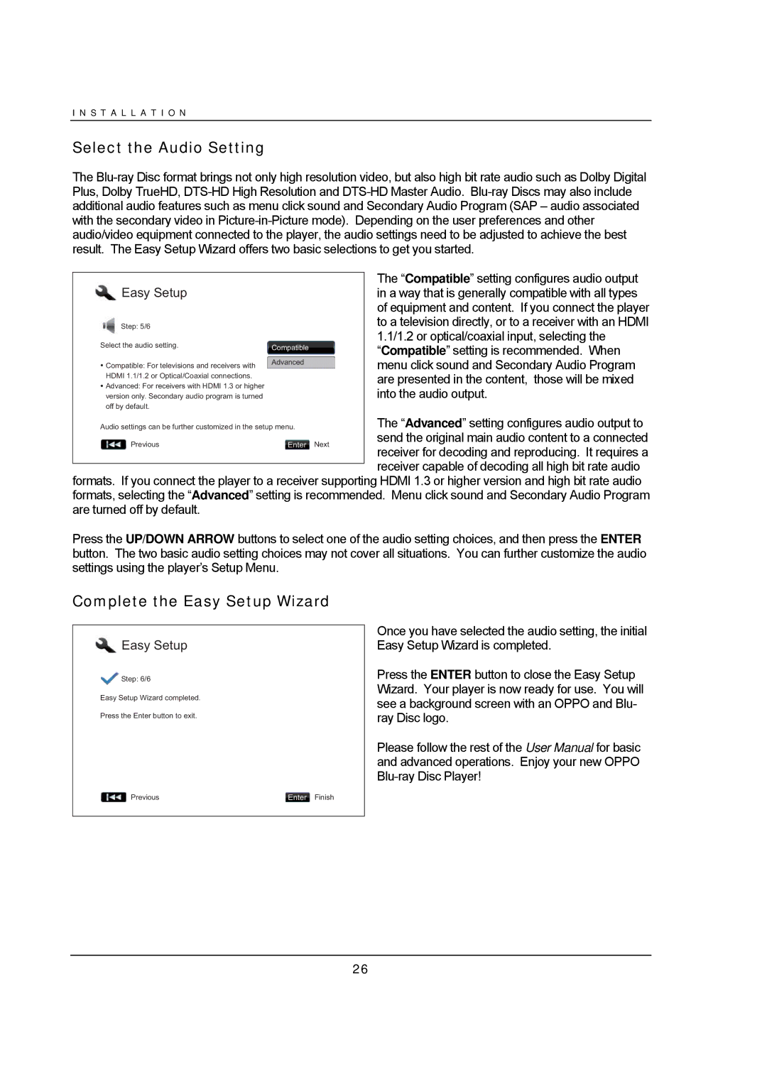 OPPO Digital BDP-93 user manual Select the Audio Setting, Complete the Easy Setup Wizard 