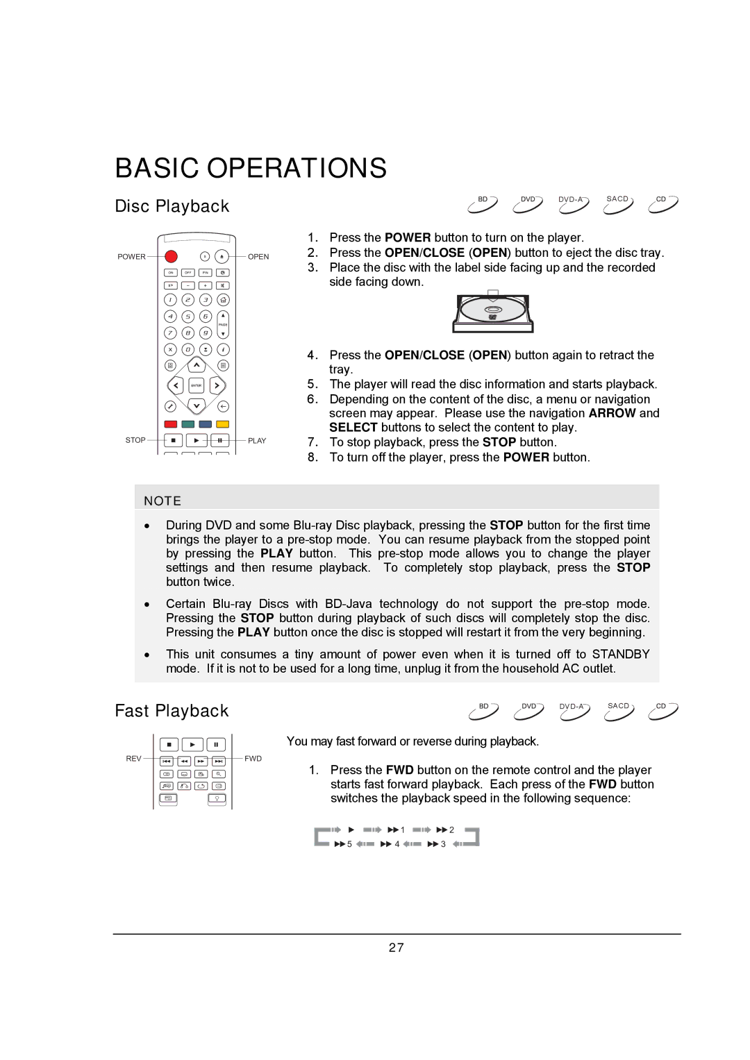 OPPO Digital BDP-93 user manual Disc Playback, Fast Playback 