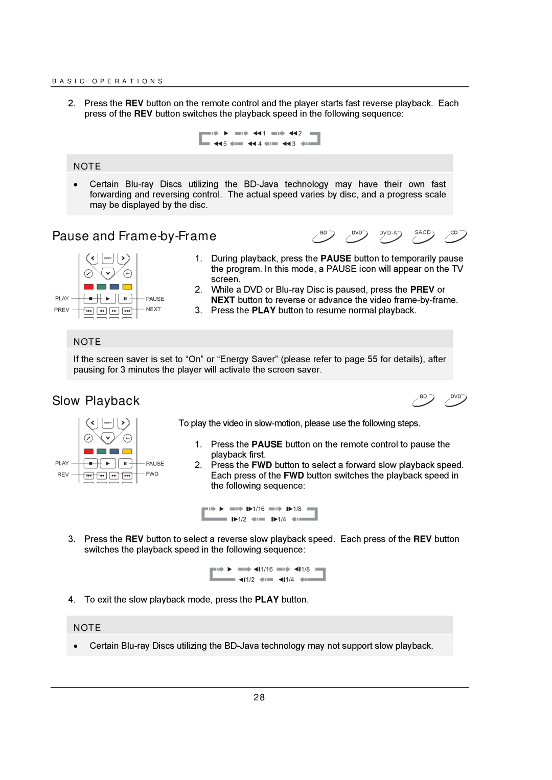 OPPO Digital BDP-93 user manual Pause and Frame-by-Frame, Slow Playback 