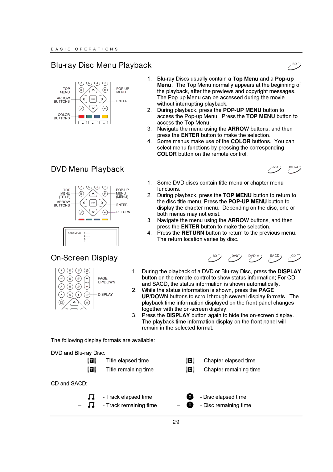 OPPO Digital BDP-93 user manual Blu-ray Disc Menu Playback, DVD Menu Playback, On-Screen Display 