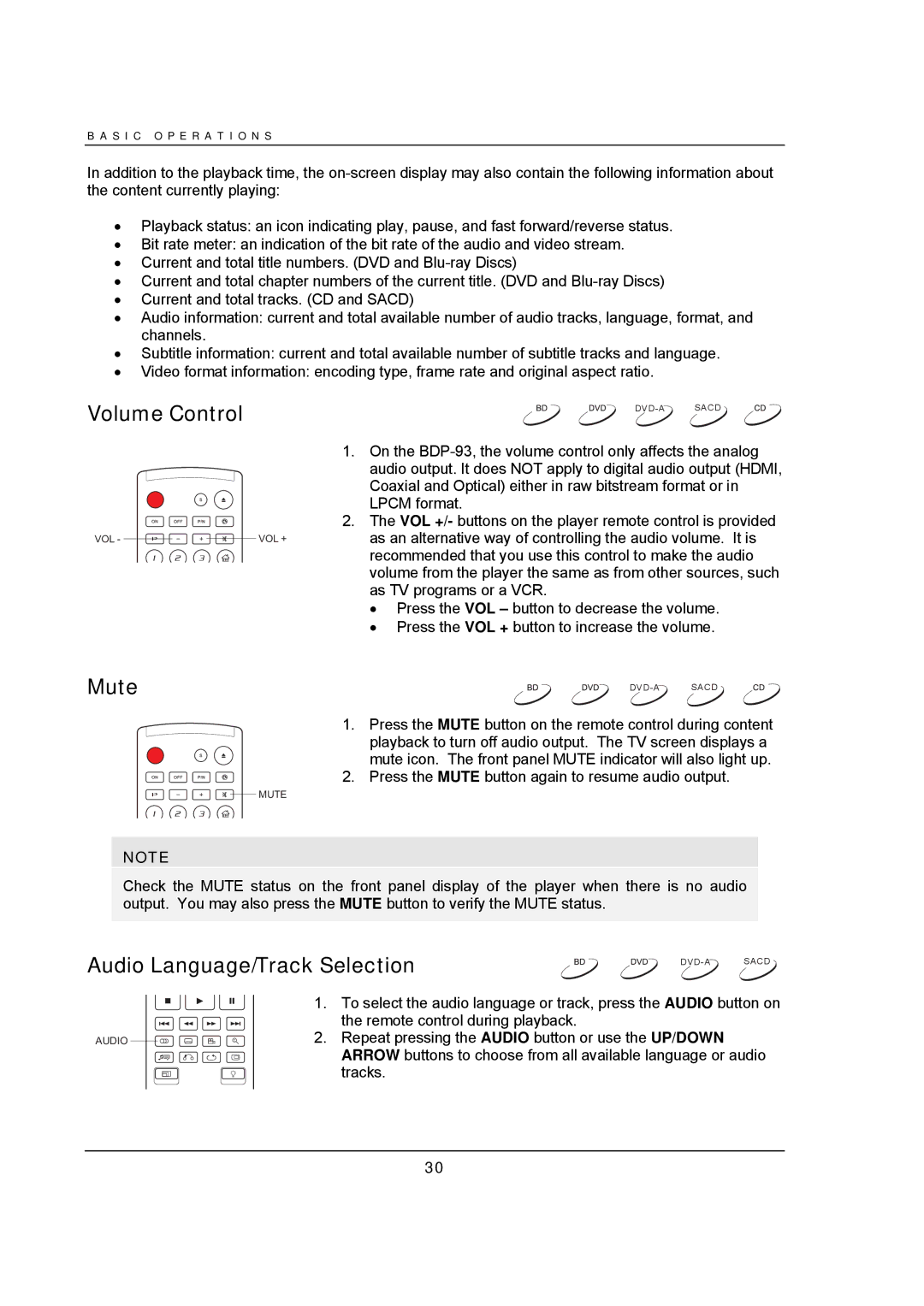 OPPO Digital BDP-93 user manual Volume Control, Mute, Audio Language/Track Selection 