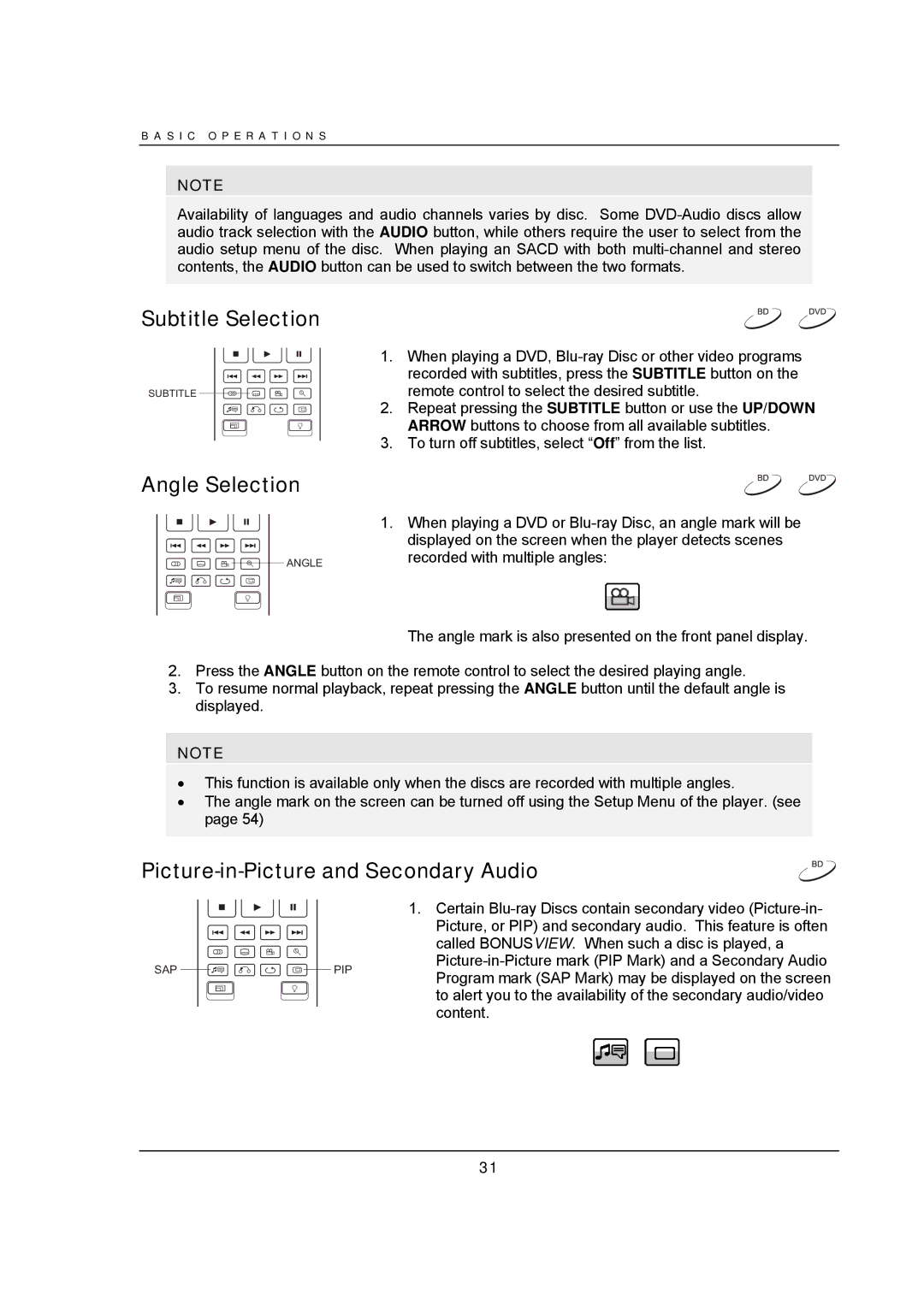 OPPO Digital BDP-93 user manual Subtitle Selection, Angle Selection, Picture-in-Picture and Secondary Audio 