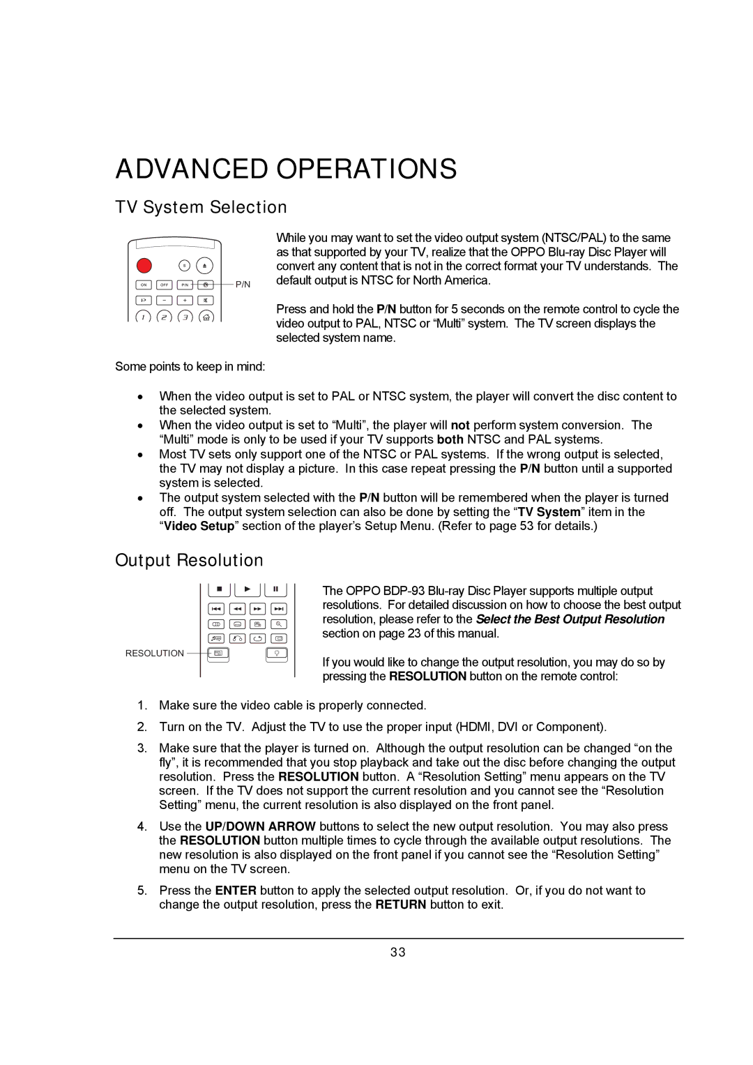 OPPO Digital BDP-93 user manual TV System Selection, Output Resolution 