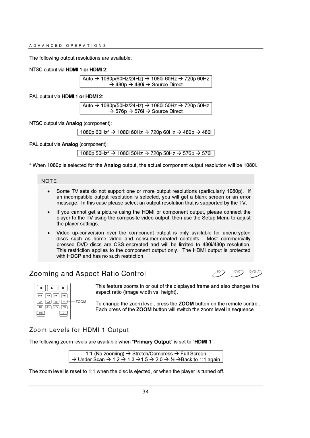 OPPO Digital BDP-93 user manual Zooming and Aspect Ratio Control, Zoom Levels for Hdmi 1 Output 