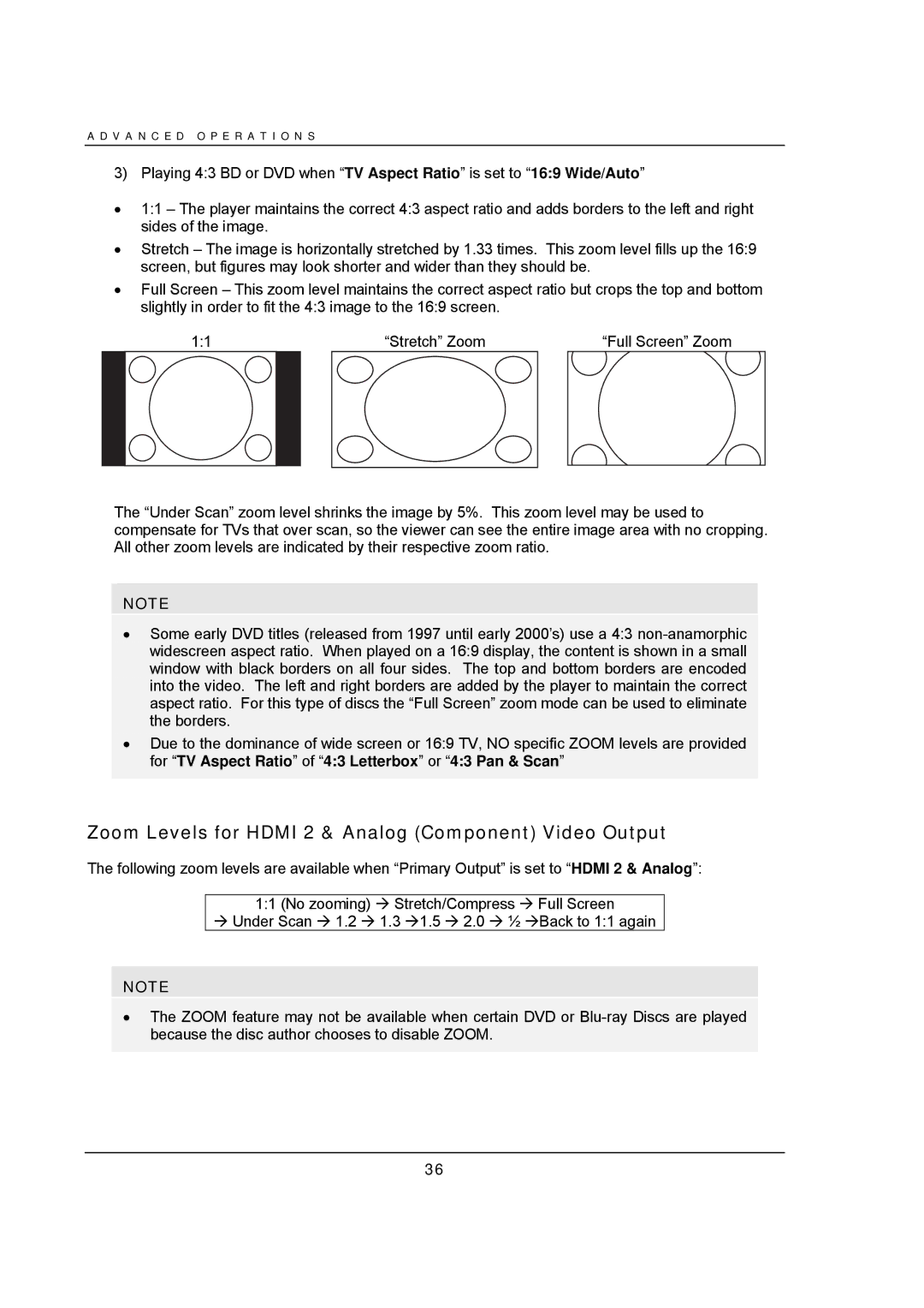 OPPO Digital BDP-93 user manual Zoom Levels for Hdmi 2 & Analog Component Video Output 