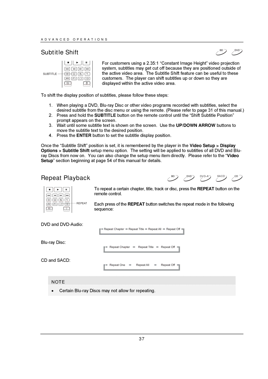 OPPO Digital BDP-93 user manual Subtitle Shift, Repeat Playback 