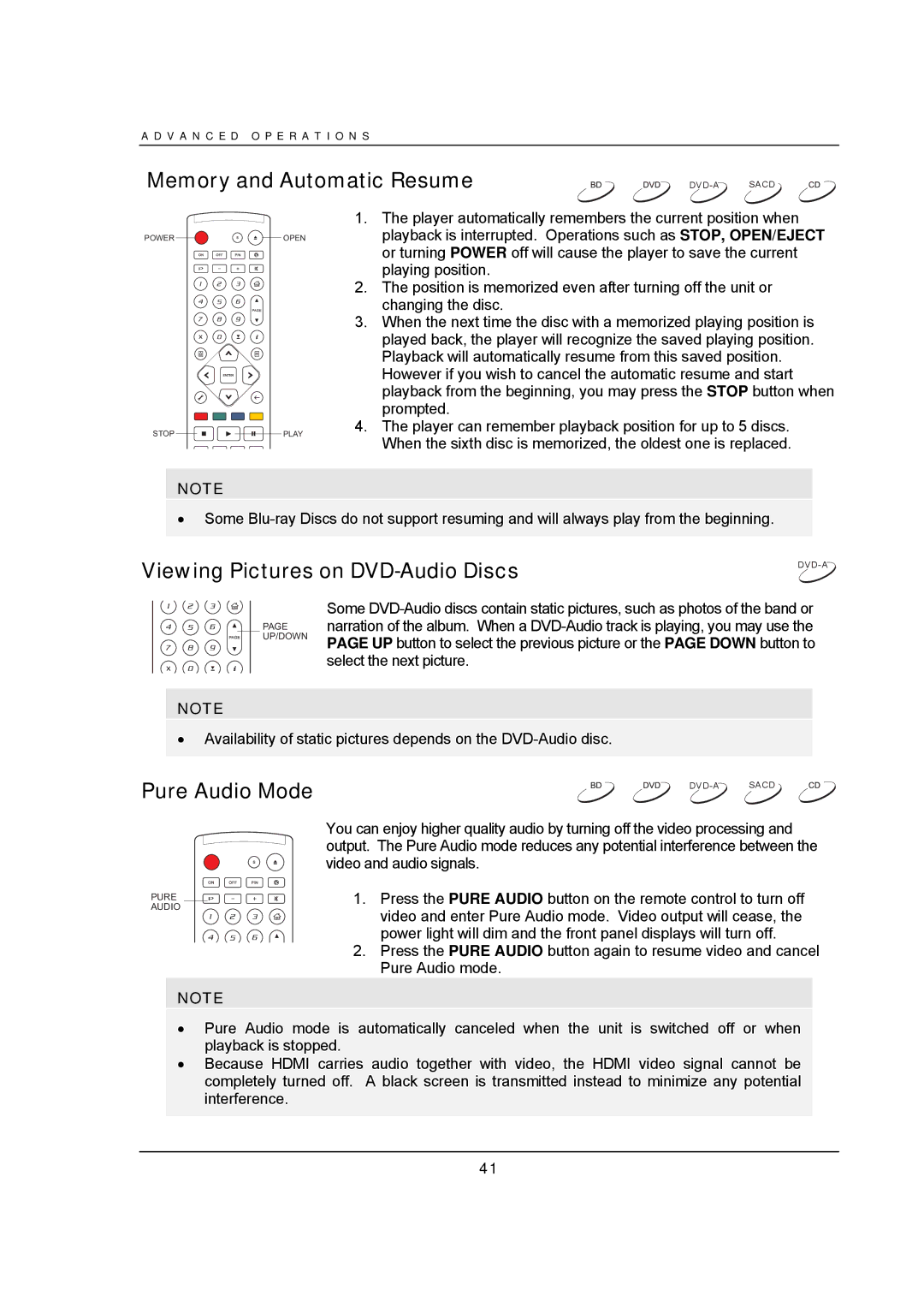 OPPO Digital BDP-93 user manual Memory and Automatic Resume, Viewing Pictures on DVD-Audio Discs, Pure Audio Mode 