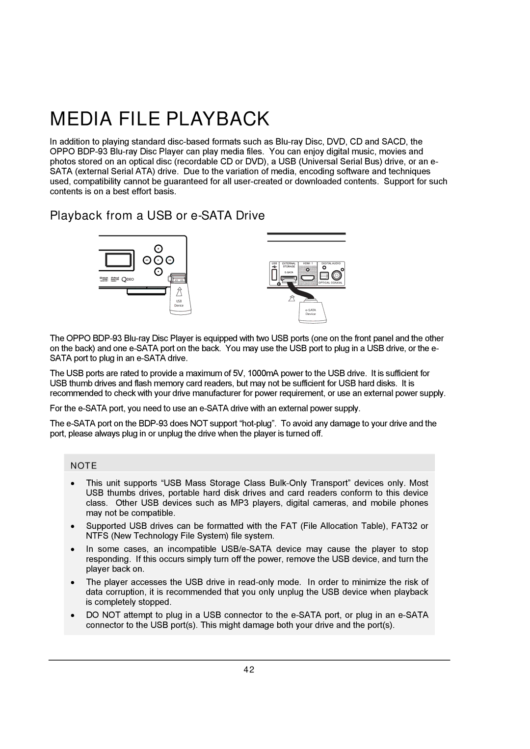 OPPO Digital BDP-93 user manual Media File Playback, Playback from a USB or e-SATA Drive 