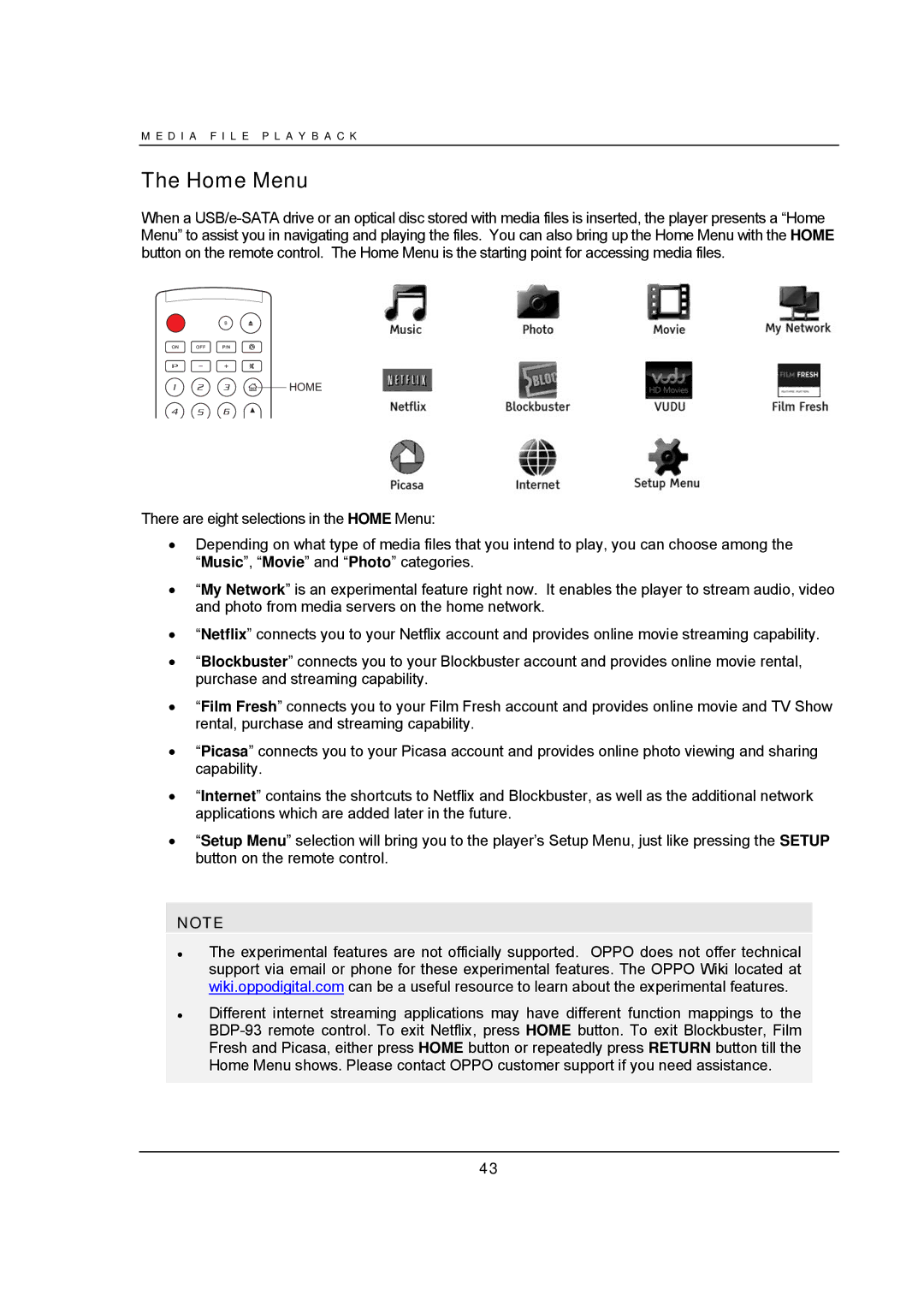 OPPO Digital BDP-93 user manual Home Menu 