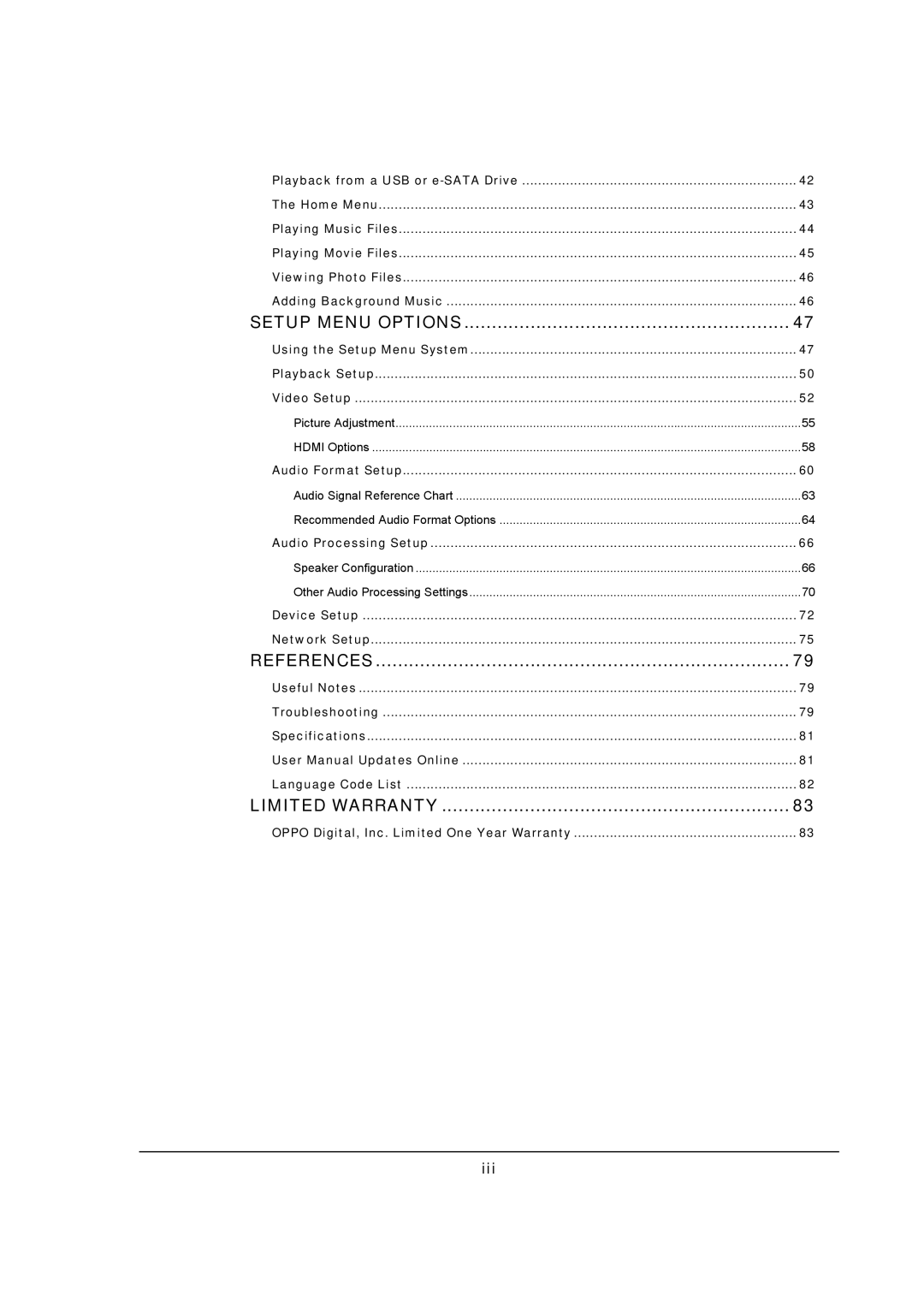 OPPO Digital BDP-93 user manual Setup Menu Options, Iii 