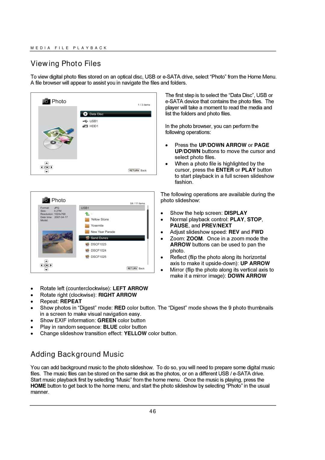 OPPO Digital BDP-93 user manual Viewing Photo Files, Adding Background Music, PAUSE, and PREV/NEXT 