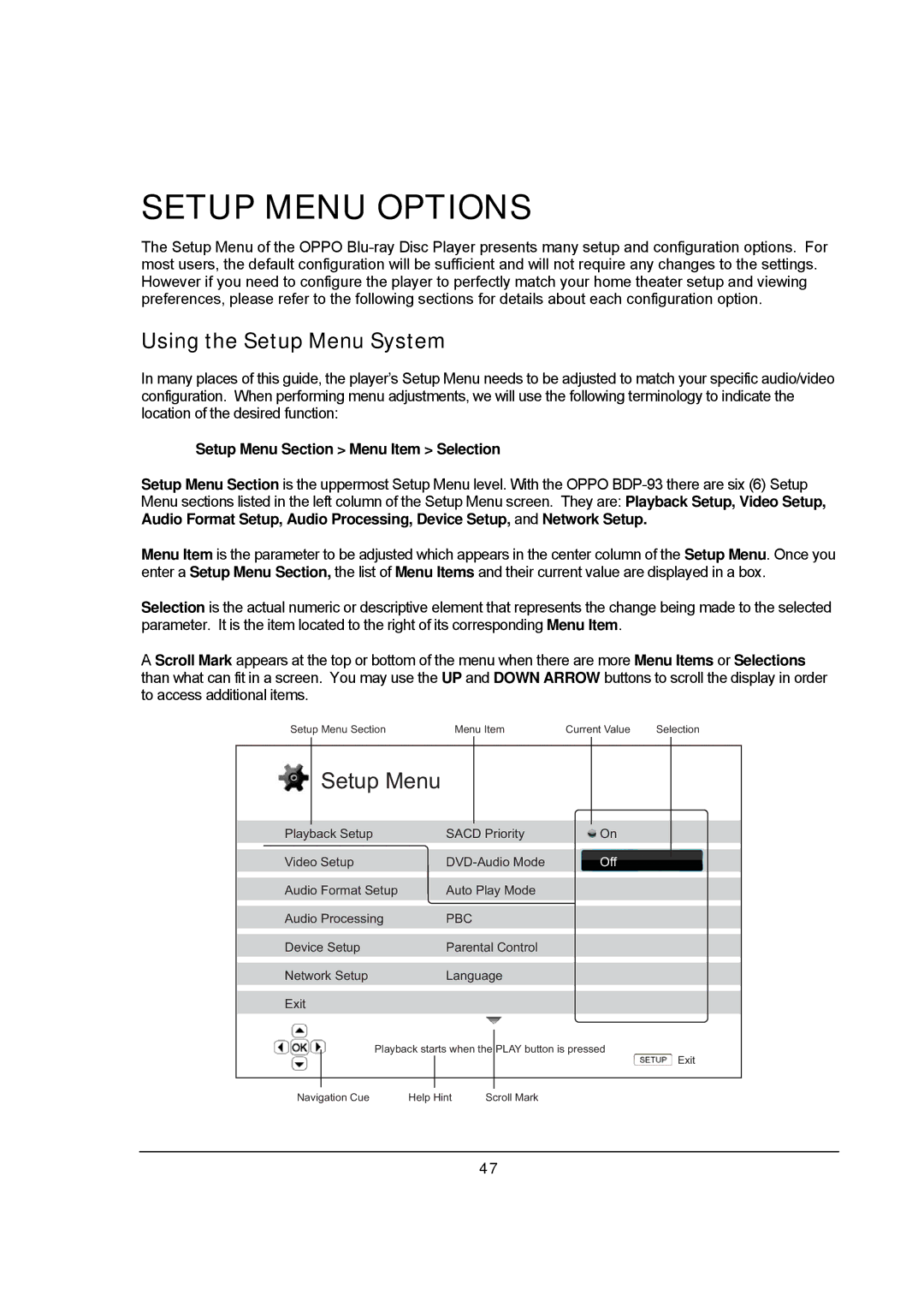 OPPO Digital BDP-93 user manual Using the Setup Menu System, Setup Menu Section Menu Item Selection 