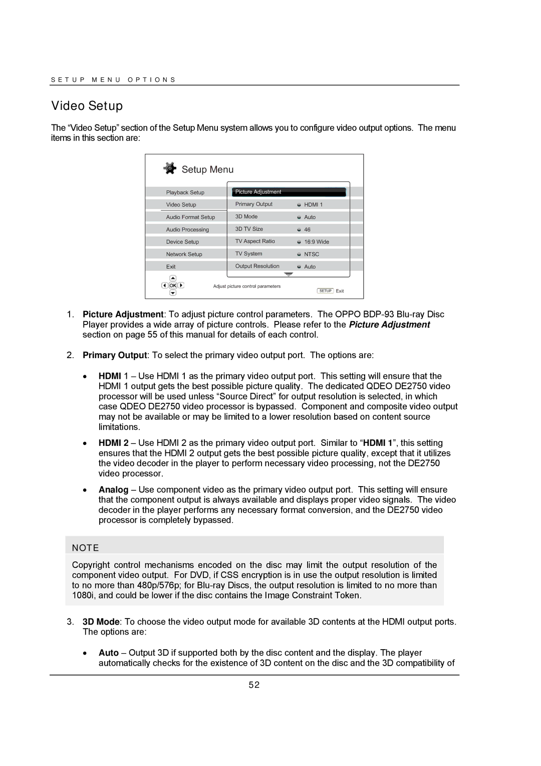 OPPO Digital BDP-93 user manual Video Setup, Hdmi 