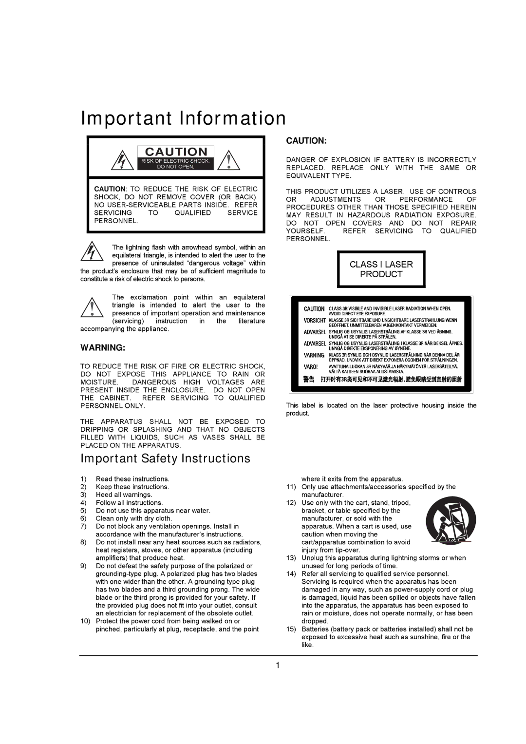 OPPO Digital BDP-93 user manual Important Information, Important Safety Instructions 