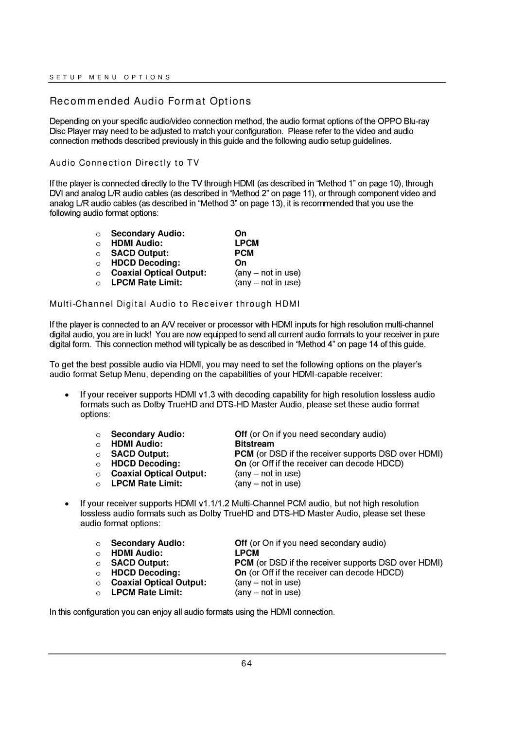 OPPO Digital BDP-93 user manual Recommended Audio Format Options 