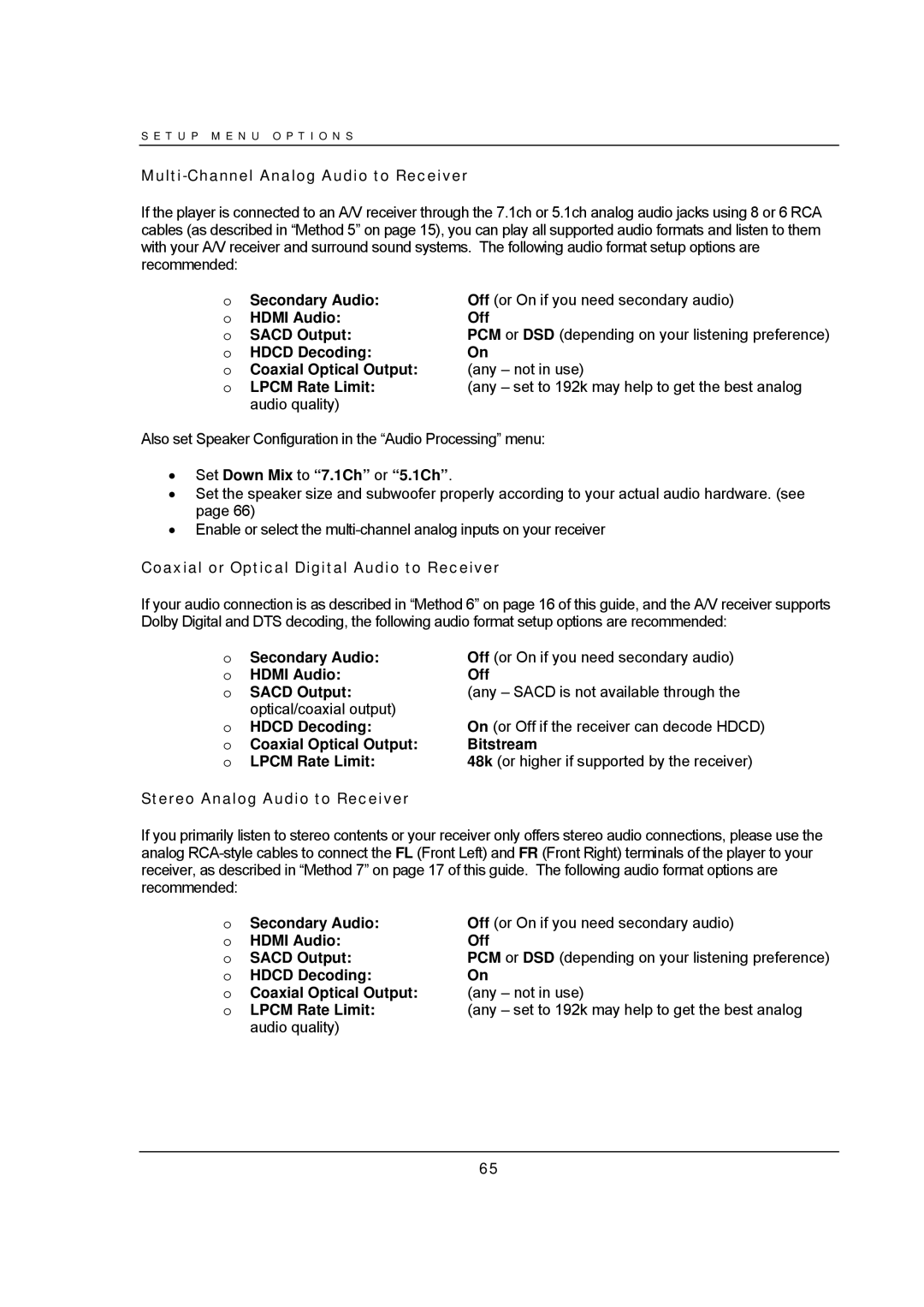 OPPO Digital BDP-93 user manual Multi-Channel Analog Audio to Receiver, Set Down Mix to 7.1Ch or 5.1Ch 