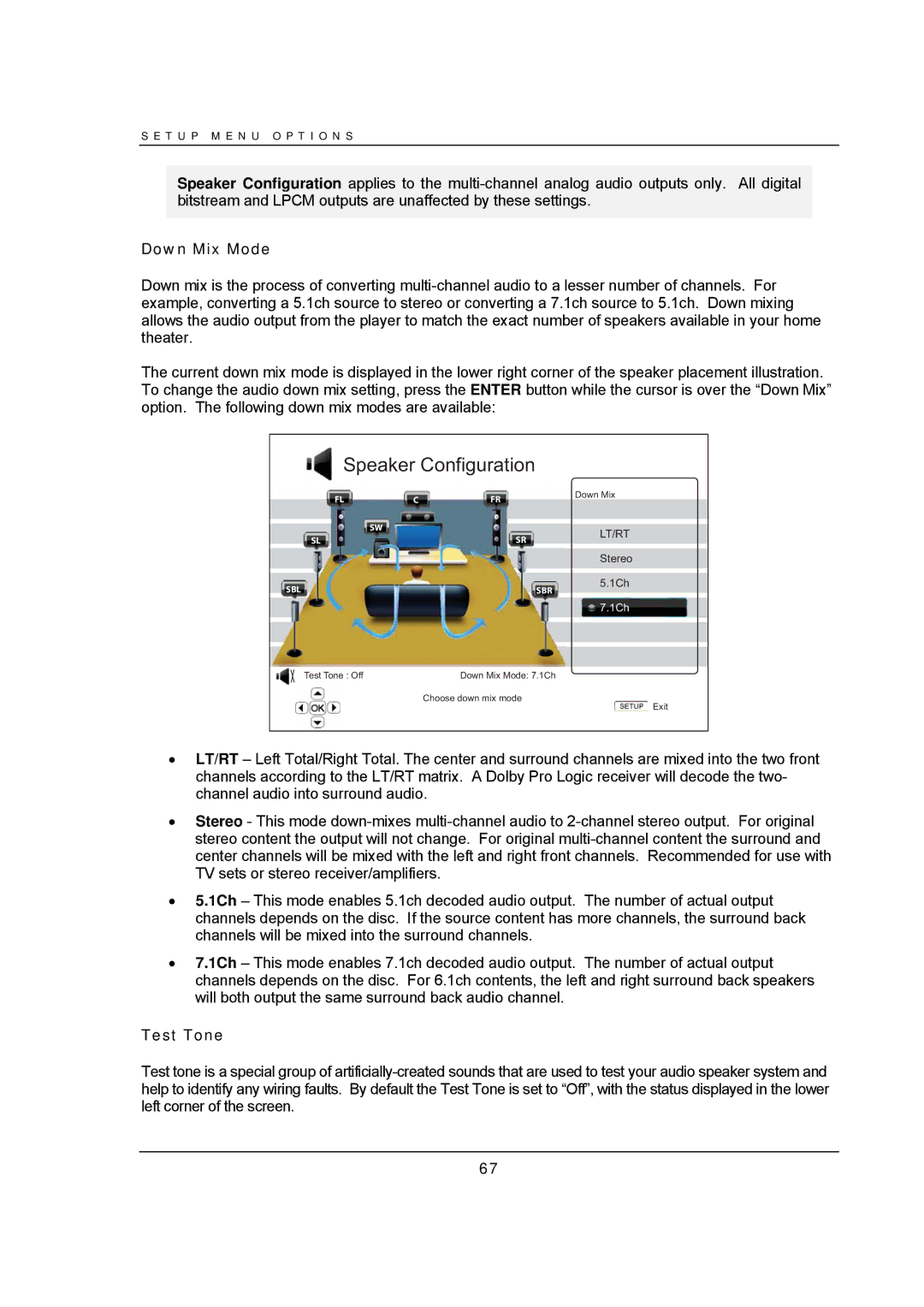 OPPO Digital BDP-93 user manual Down Mix Mode, Test Tone 