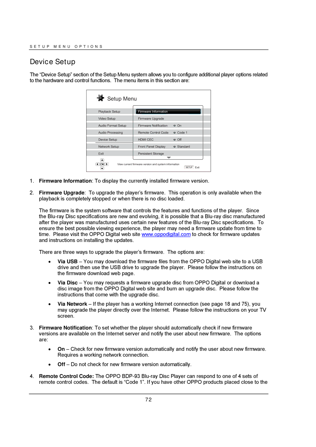 OPPO Digital BDP-93 user manual Device Setup, Firmware Information 