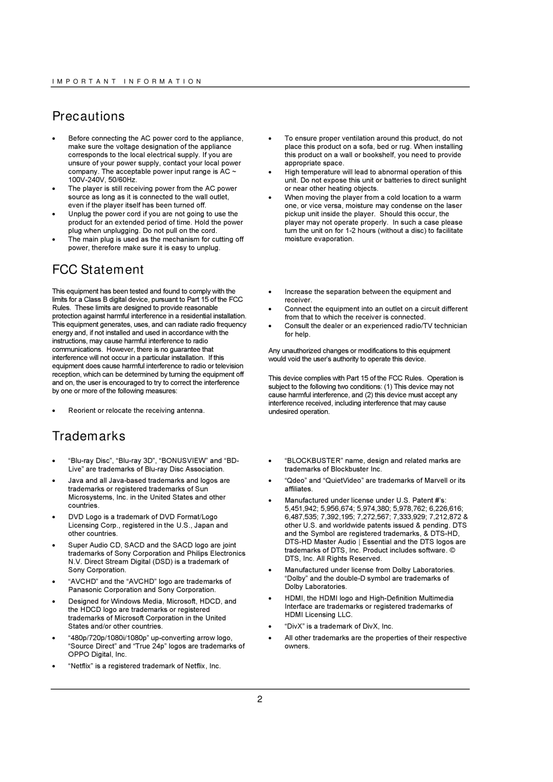 OPPO Digital BDP-93 user manual Precautions, FCC Statement, Trademarks 