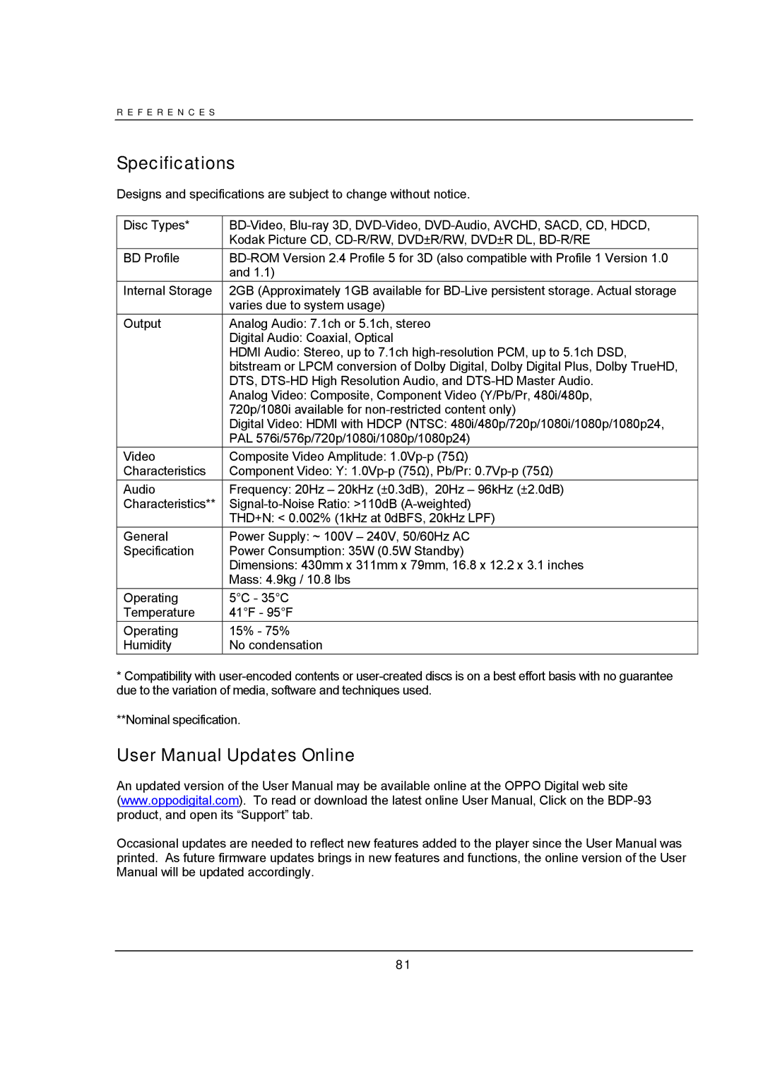 OPPO Digital BDP-93 user manual Specifications 