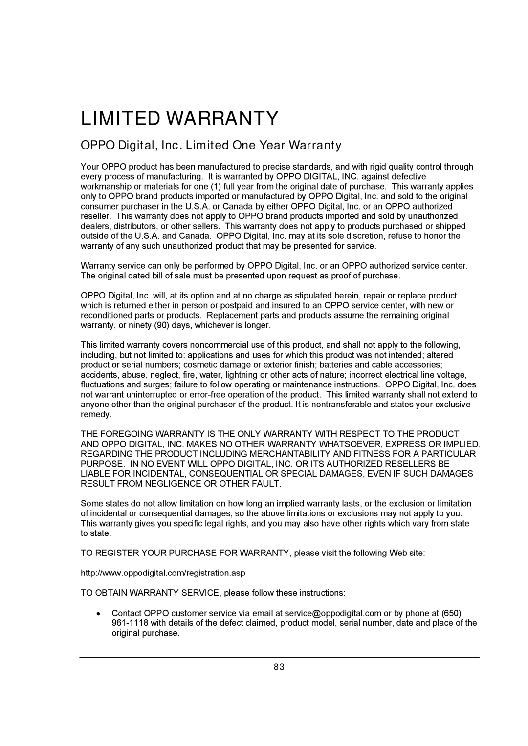 OPPO Digital BDP-93 user manual Limited Warranty, Oppo Digital, Inc. Limited One Year Warranty 