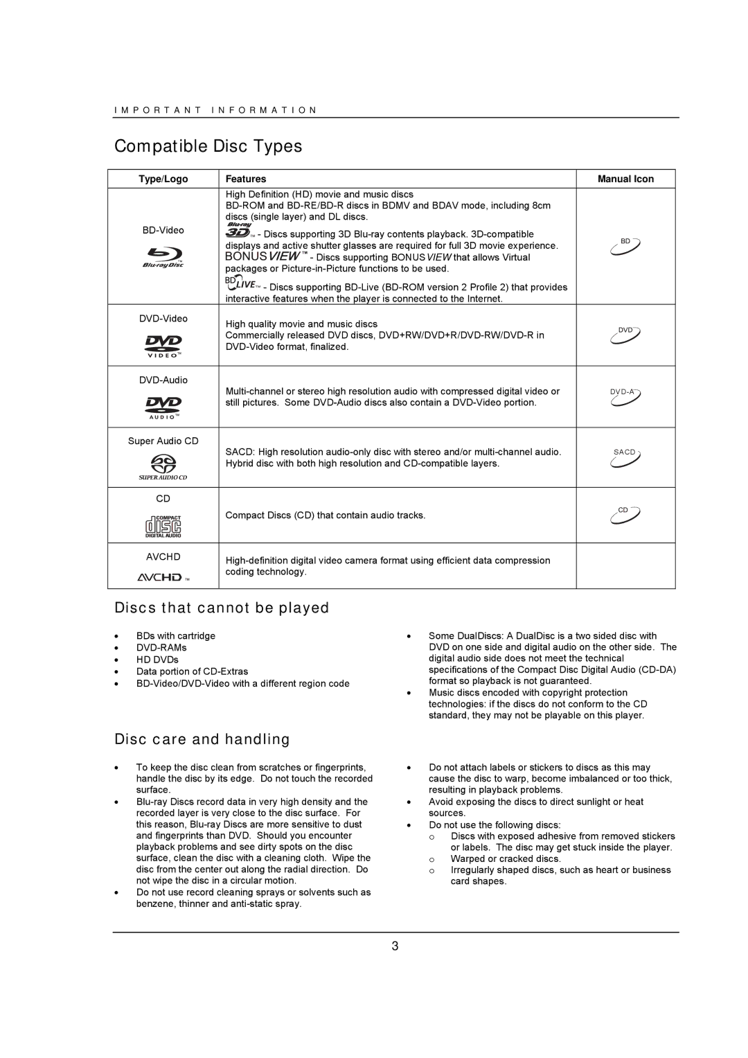 OPPO Digital BDP-93 user manual Compatible Disc Types, Discs that cannot be played, Disc care and handling 