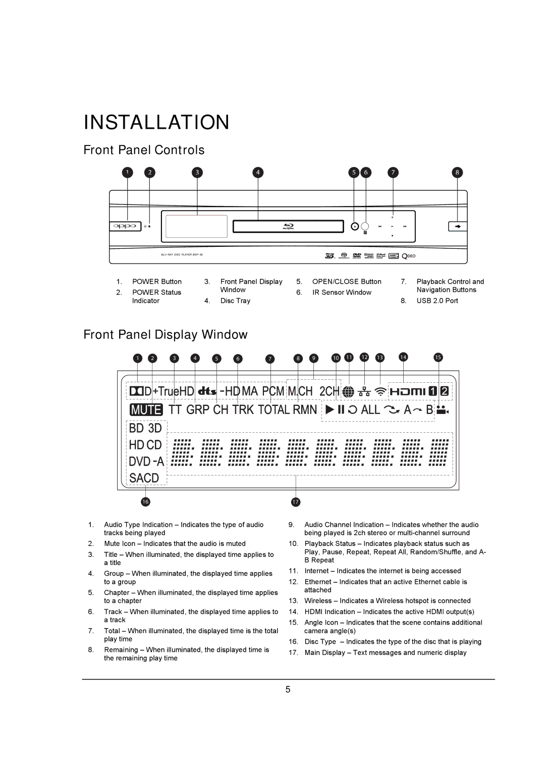 OPPO Digital BDP-95 user manual Front Panel Controls, Front Panel Display Window 