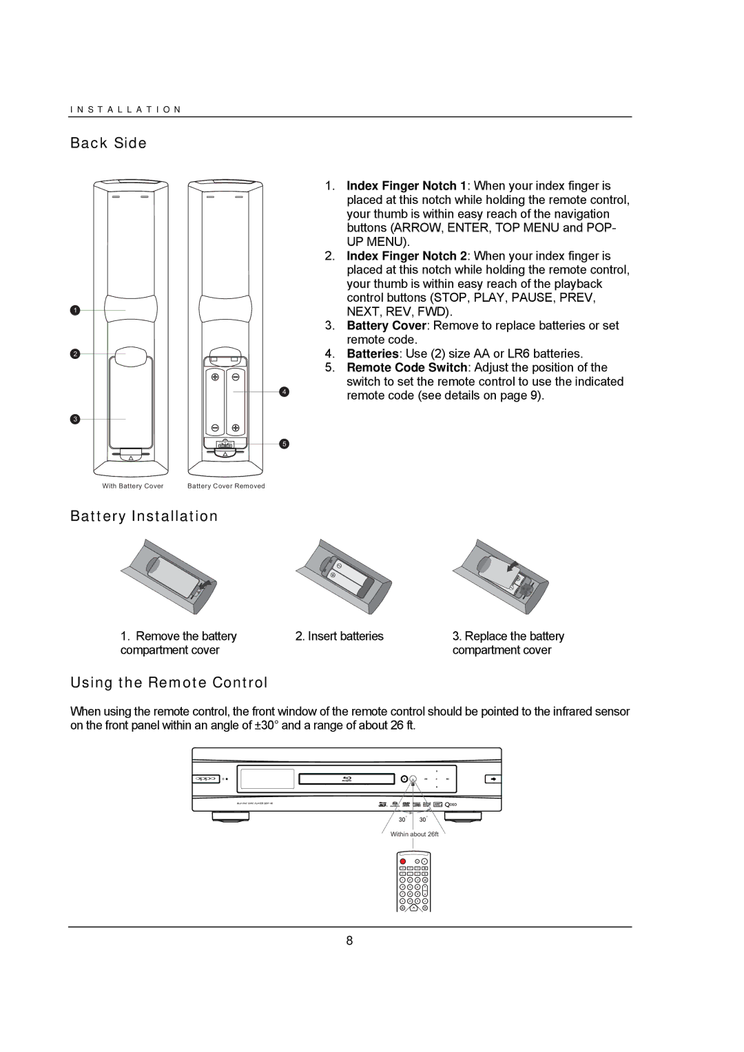 OPPO Digital BDP-95 user manual Back Side, Battery Installation, Using the Remote Control 