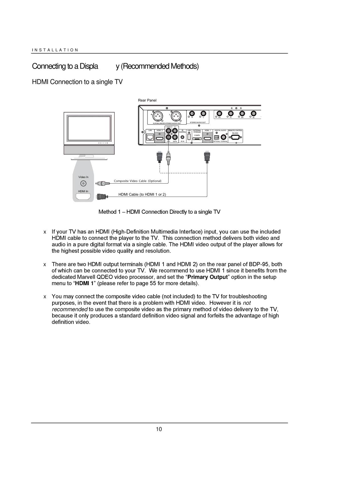 OPPO Digital BDP-95 user manual Connecting to a Display Recommended Methods, Hdmi Connection to a single TV 