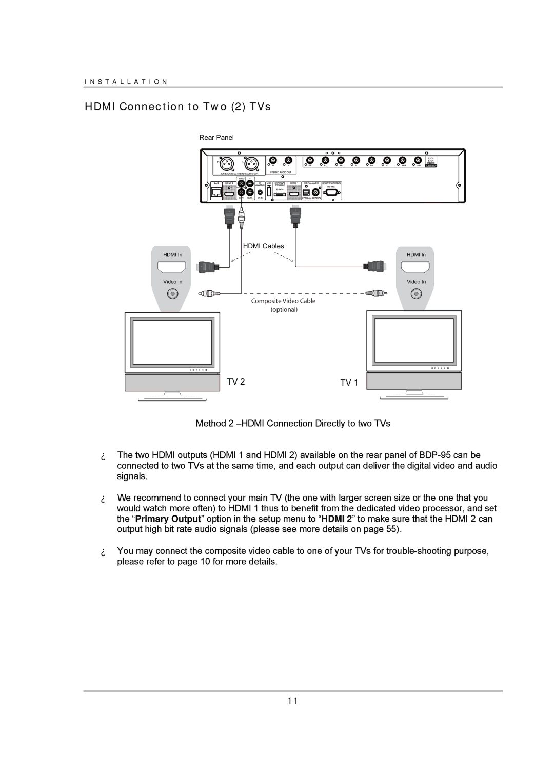 OPPO Digital BDP-95 user manual Hdmi Connection to Two 2 TVs 