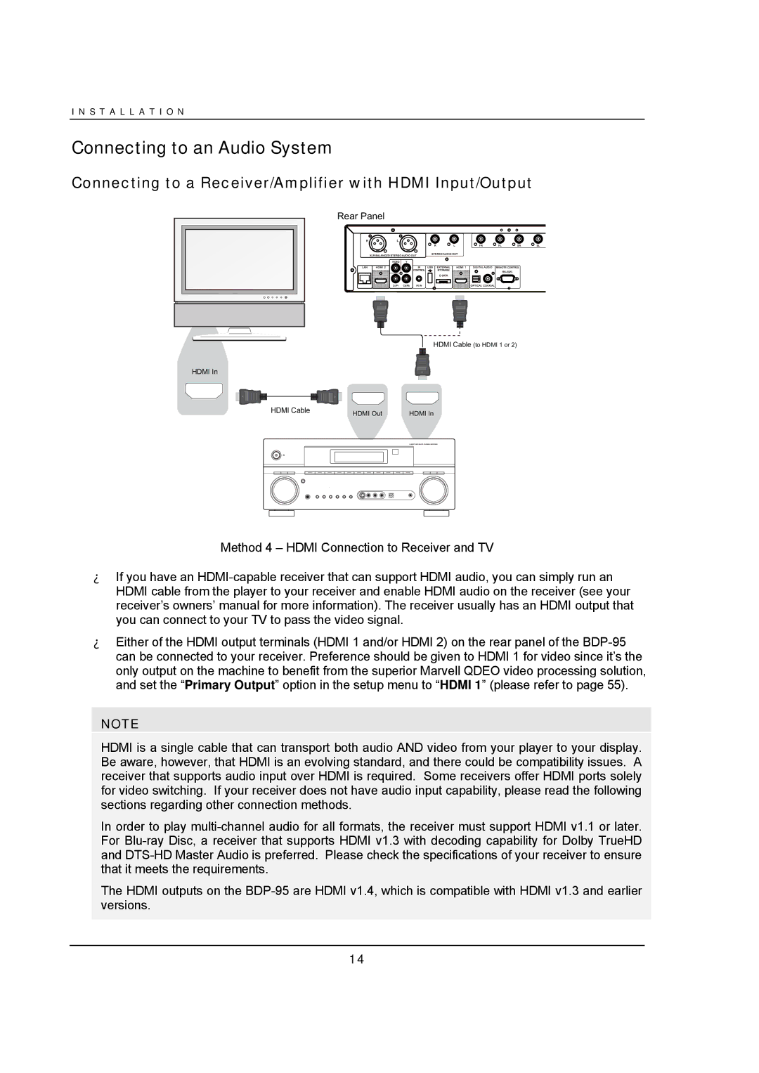 OPPO Digital BDP-95 user manual Connecting to an Audio System, Connecting to a Receiver/Amplifier with Hdmi Input/Output 