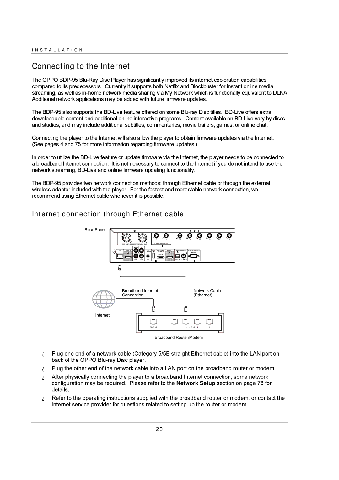 OPPO Digital BDP-95 user manual Connecting to the Internet, Internet connection through Ethernet cable 