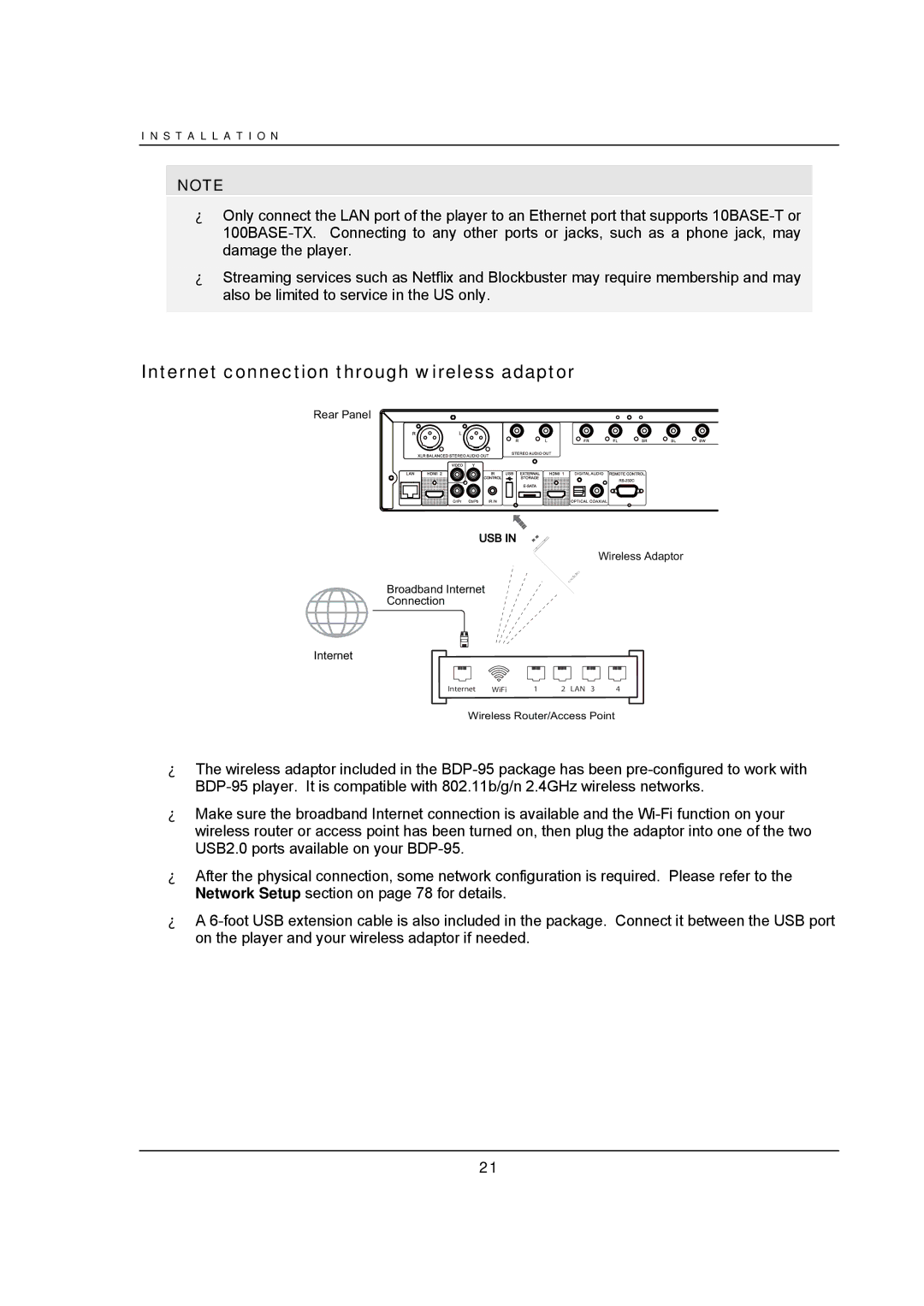 OPPO Digital BDP-95 user manual Internet connection through wireless adaptor, Usb 