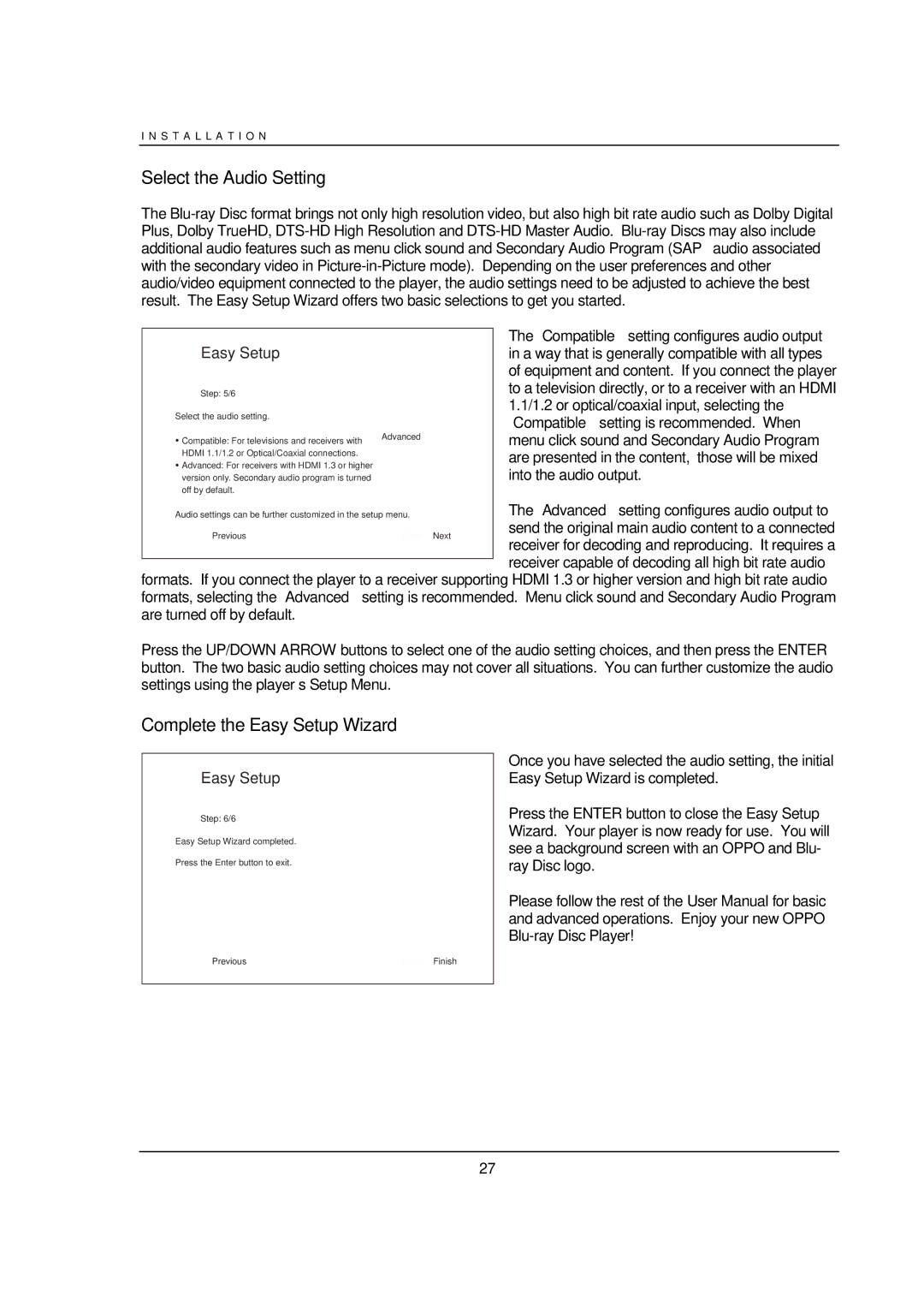 OPPO Digital BDP-95 user manual Select the Audio Setting, Complete the Easy Setup Wizard, Compatible 