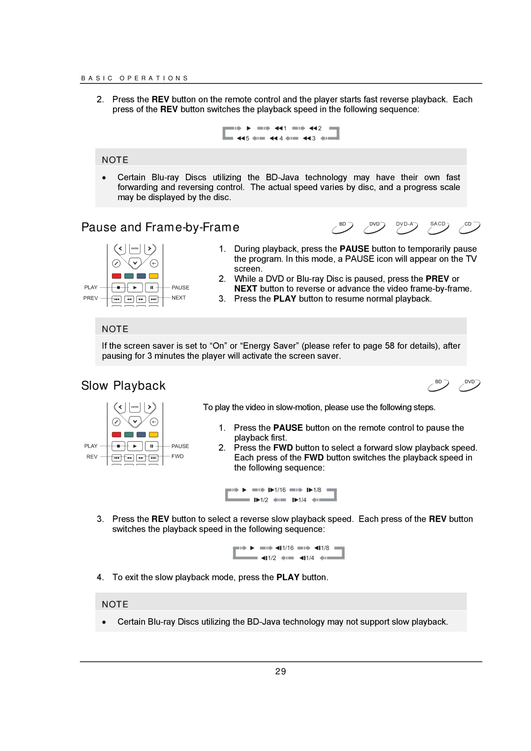 OPPO Digital BDP-95 user manual Pause and Frame-by-Frame, Slow Playback 