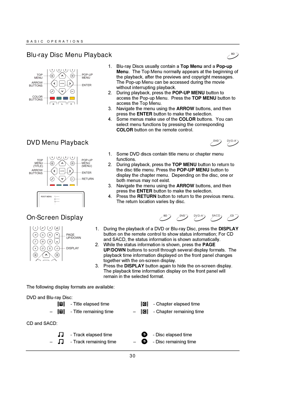 OPPO Digital BDP-95 user manual Blu-ray Disc Menu Playback, DVD Menu Playback, On-Screen Display 